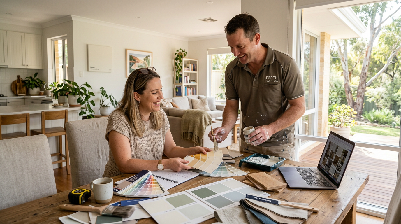 Family painting team reviewing colour samples together