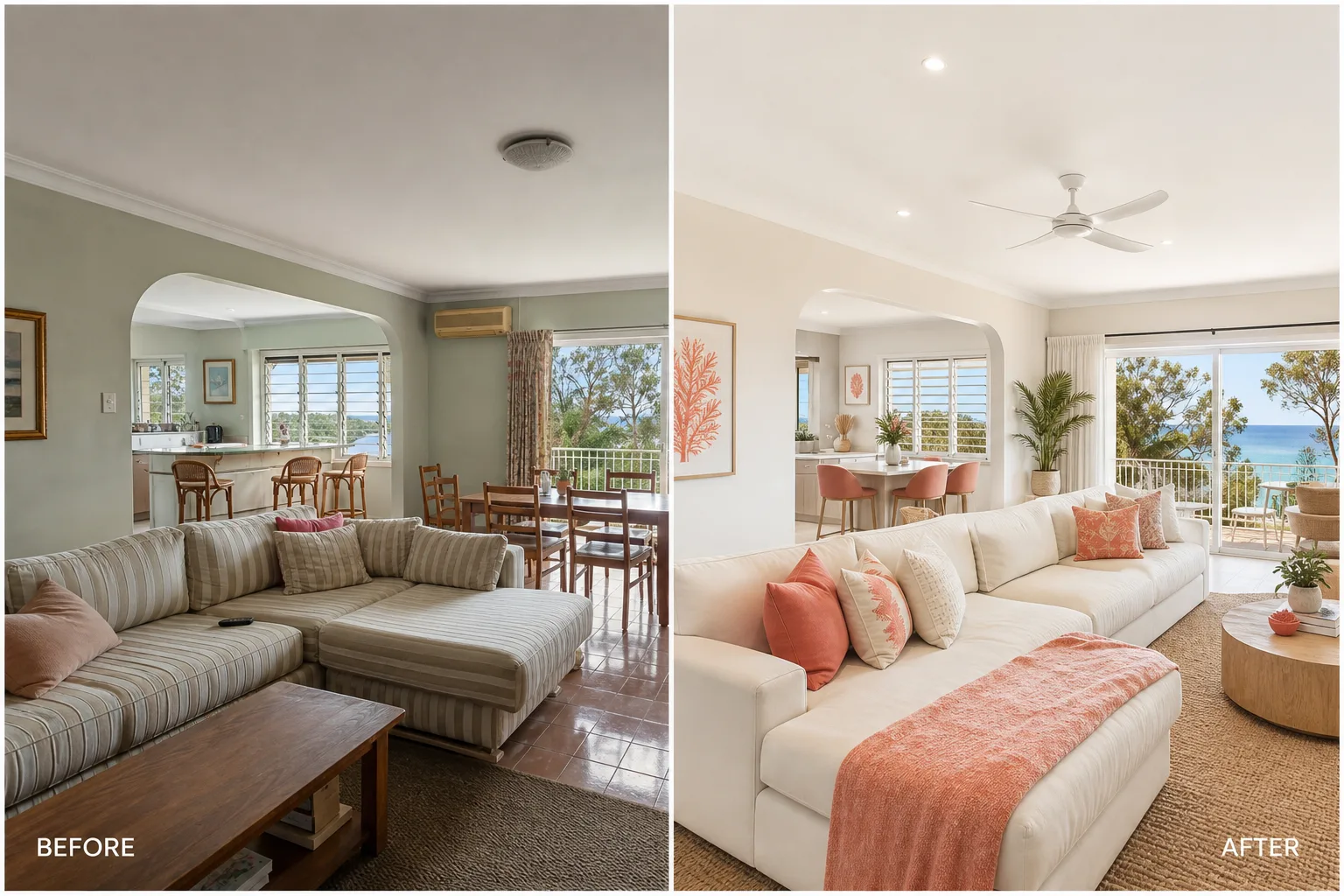 Before and after interior painting transformation with a warm coral accent wall